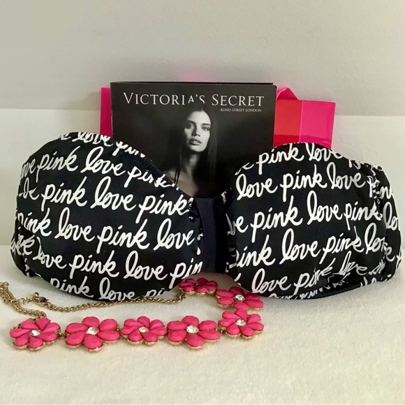 PINK Victoria’s Secret Black LOVE PINK Logo Bikini Top Size Small - Picture 3 of 7